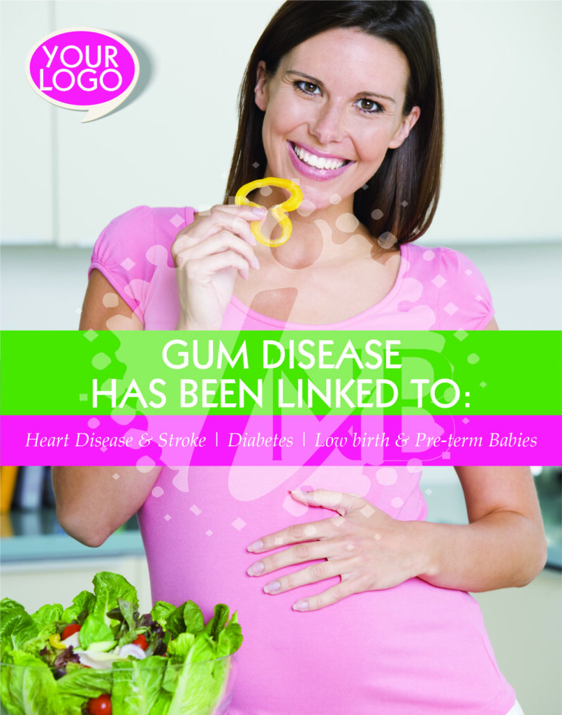 smiling woman holding food on gum disease dental poster 