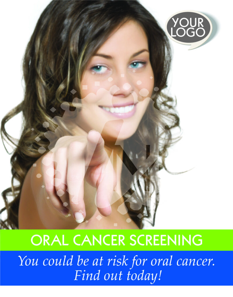 Smiling woman pointing finger on Oral Cancer Screening dental poster 